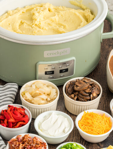 Mashed potatoes in a crockpot and toppings around it.