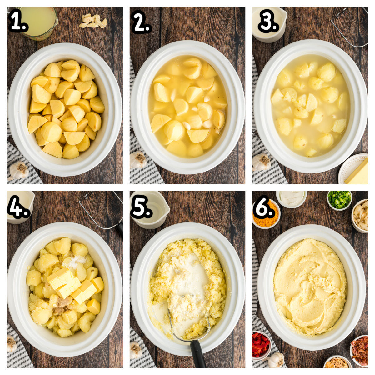 6 images showing how to make mashed potatoes in a slow cooker.