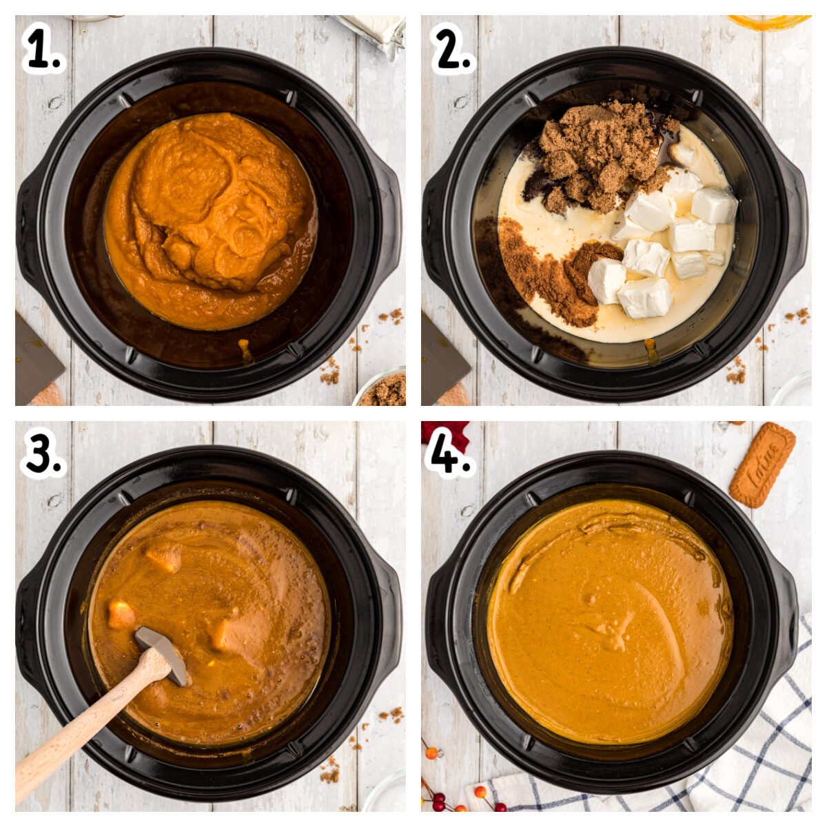 4 images showing how to make pumpkin dip in a crockpot.