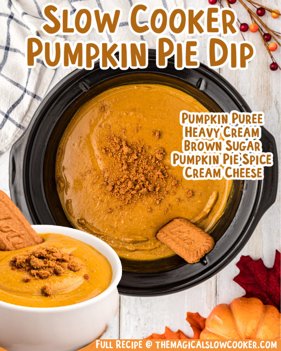collage of pumpkin pie dip with text of what the ingredients are for facebook and pinterest.