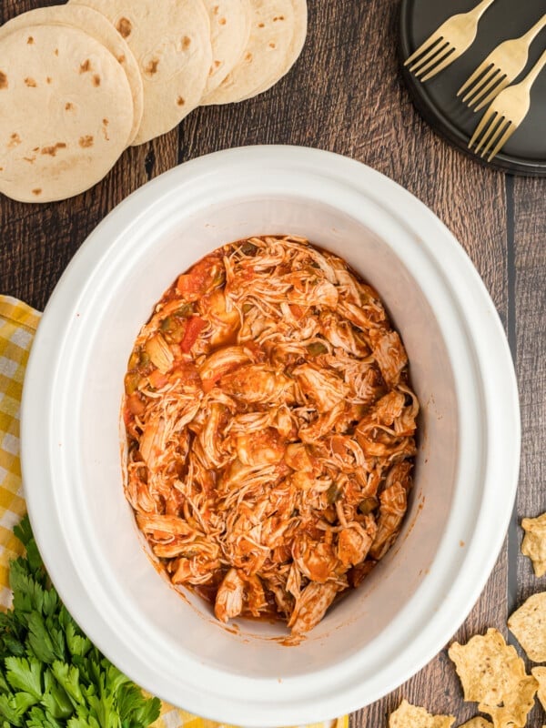 Salsa chicken in a crockpot.