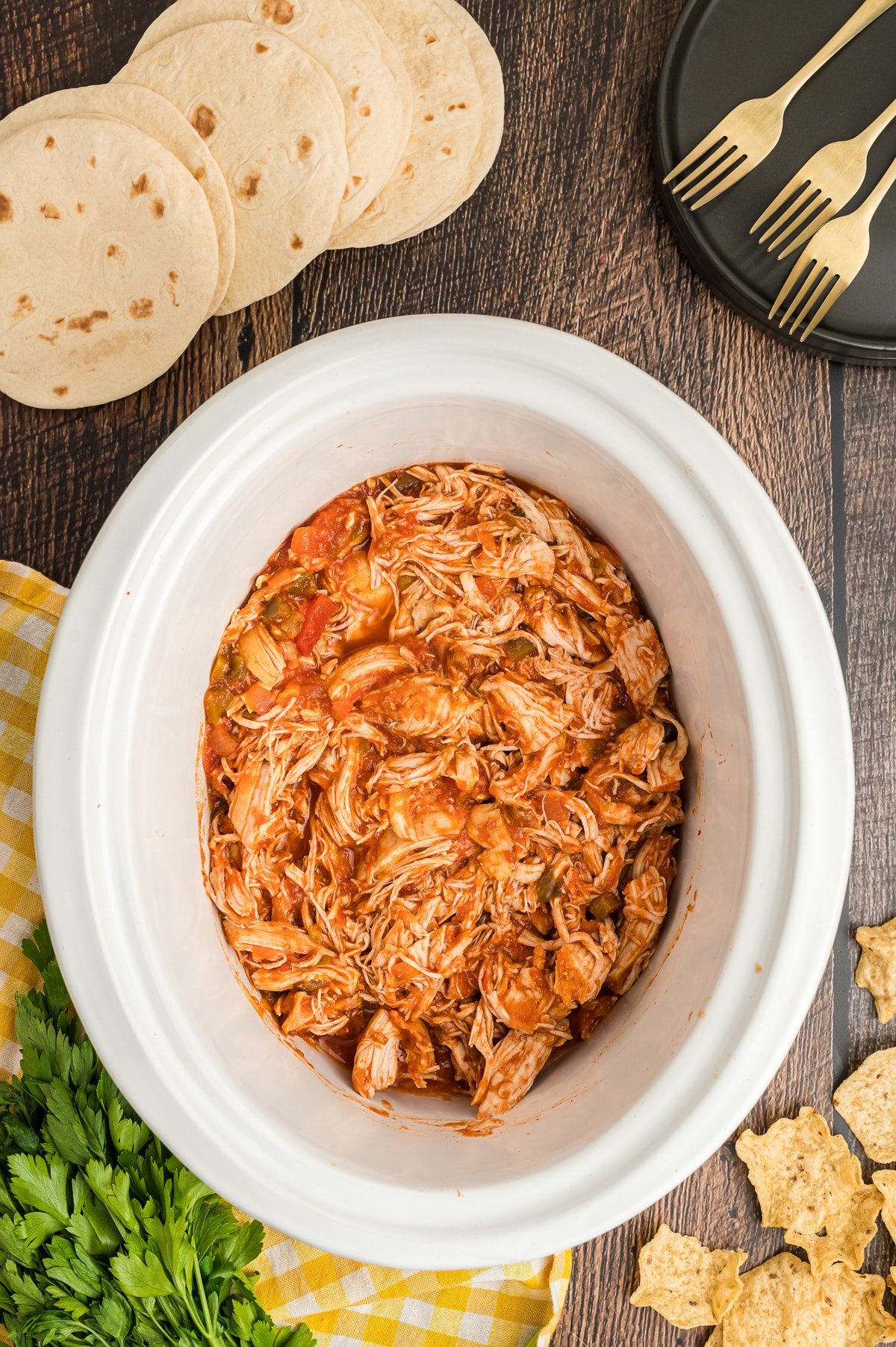 Salsa chicken in a crockpot.