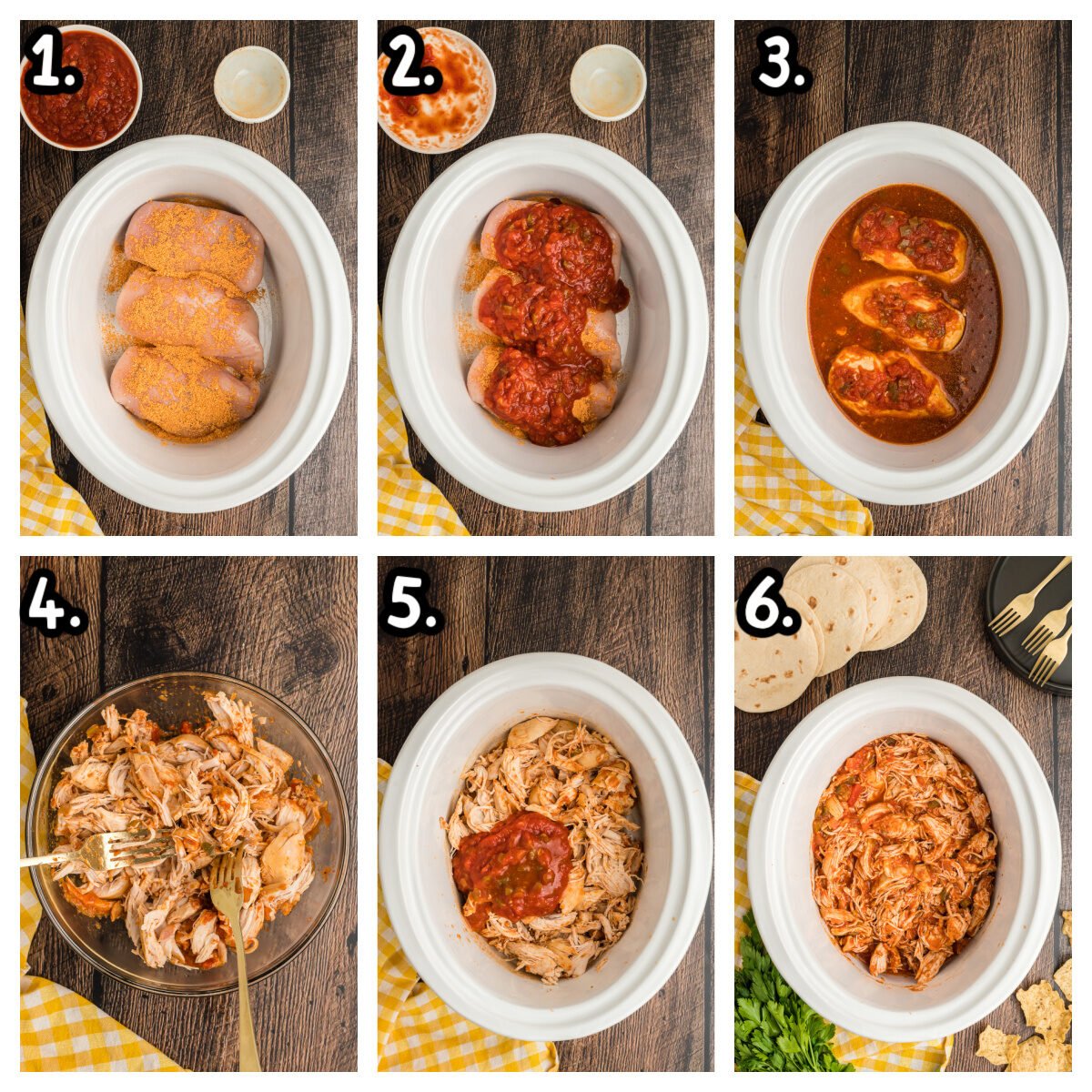 6 images showing how to make salsa chicken in a crockpot.