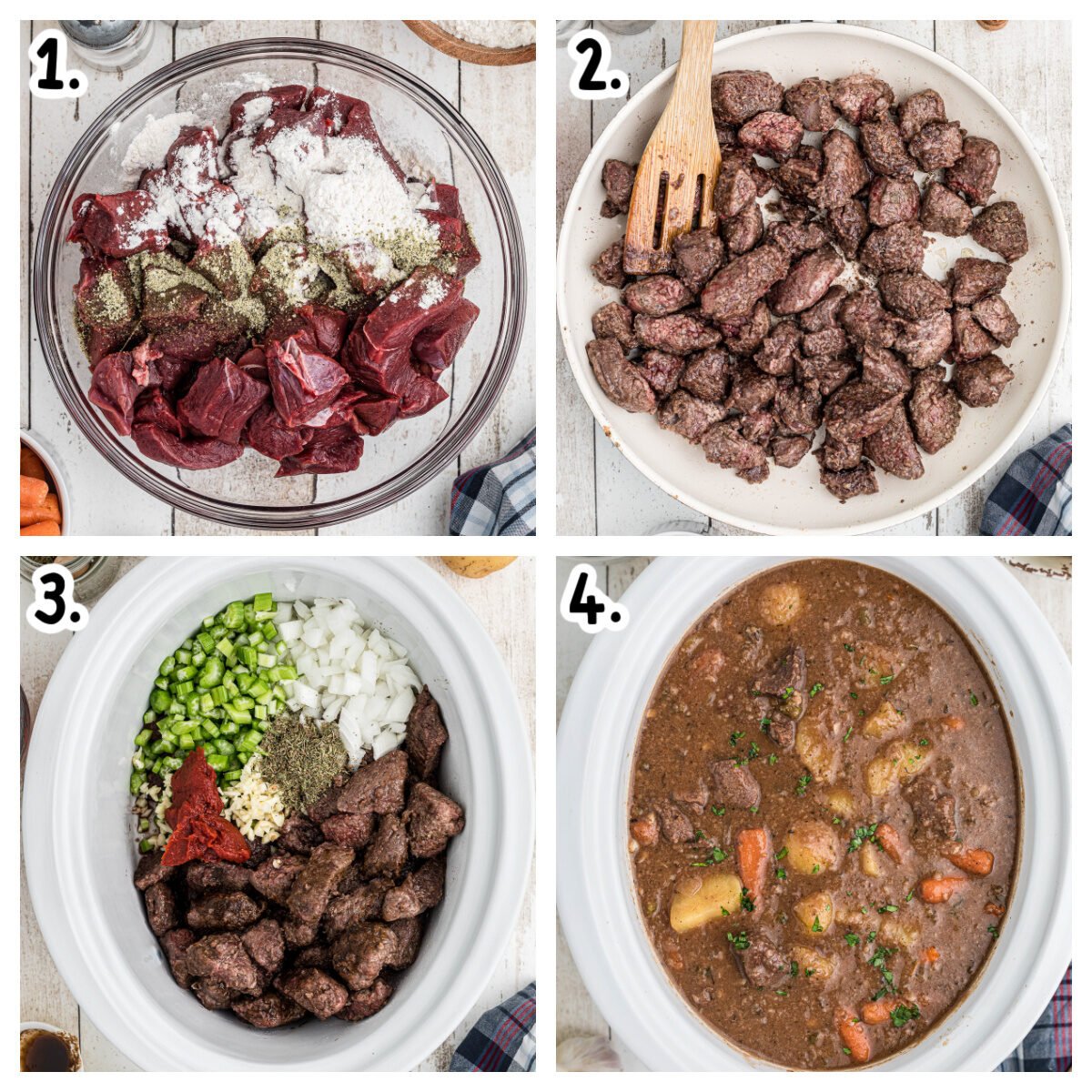 4 images showing how to make venison stew in a slow cooker.