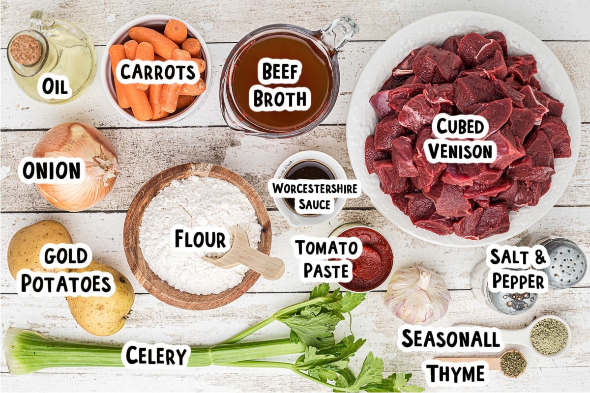 Ingredients for venison stew on a table.