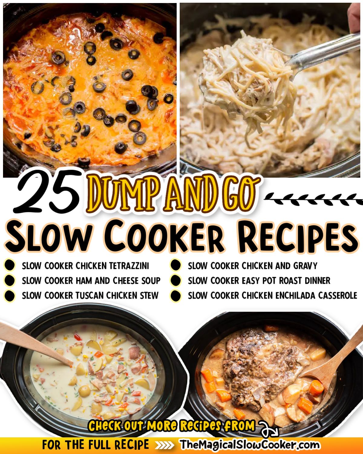 4 images of dump and go slow cooker recipes with text overlay.