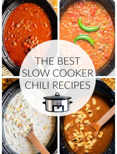 4 images of chili in slow cooker with text overlay.
