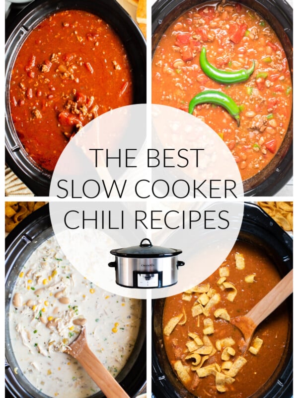 4 images of chili in slow cooker with text overlay.