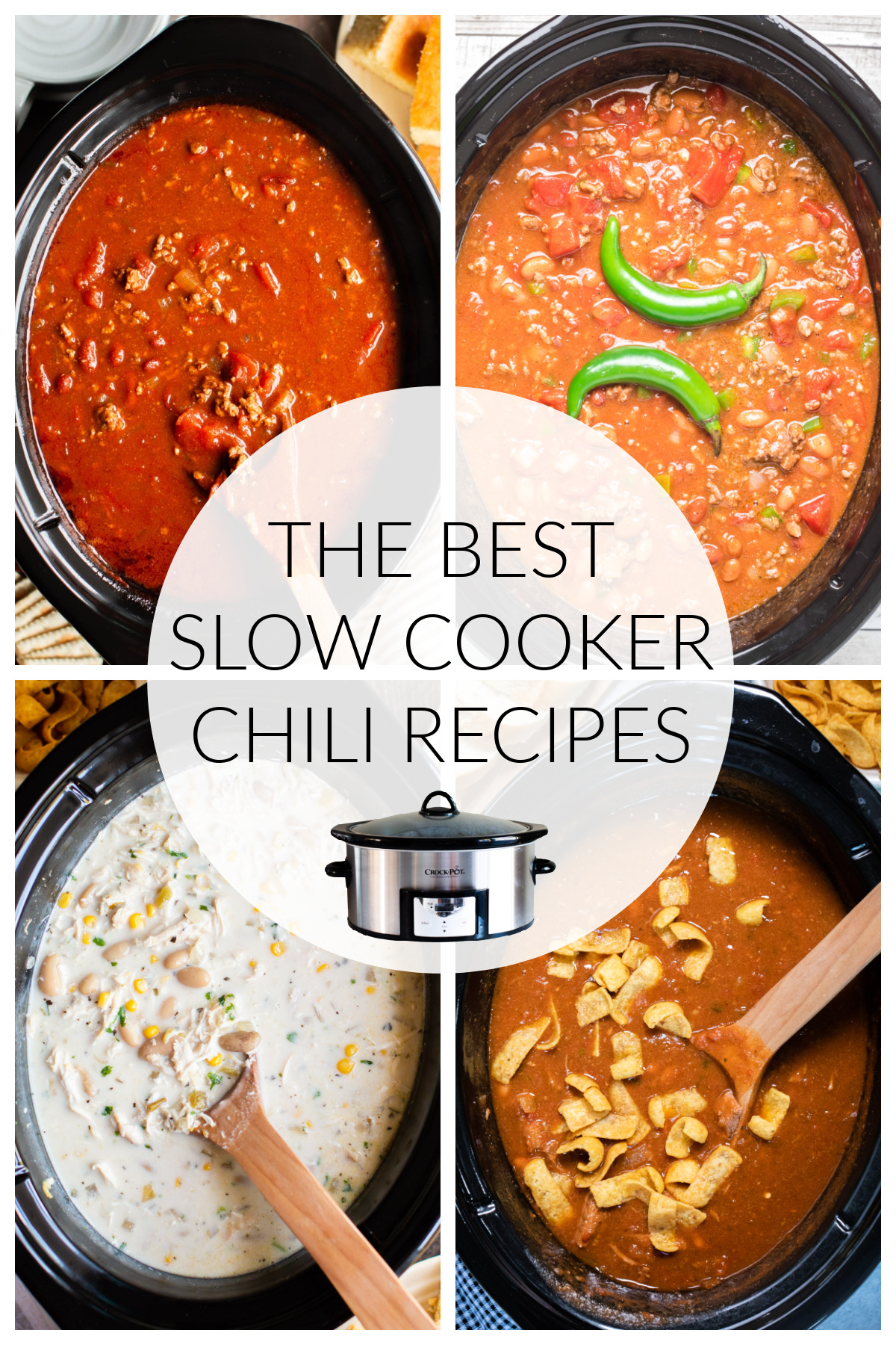 4 images of chili in slow cooker with text overlay.