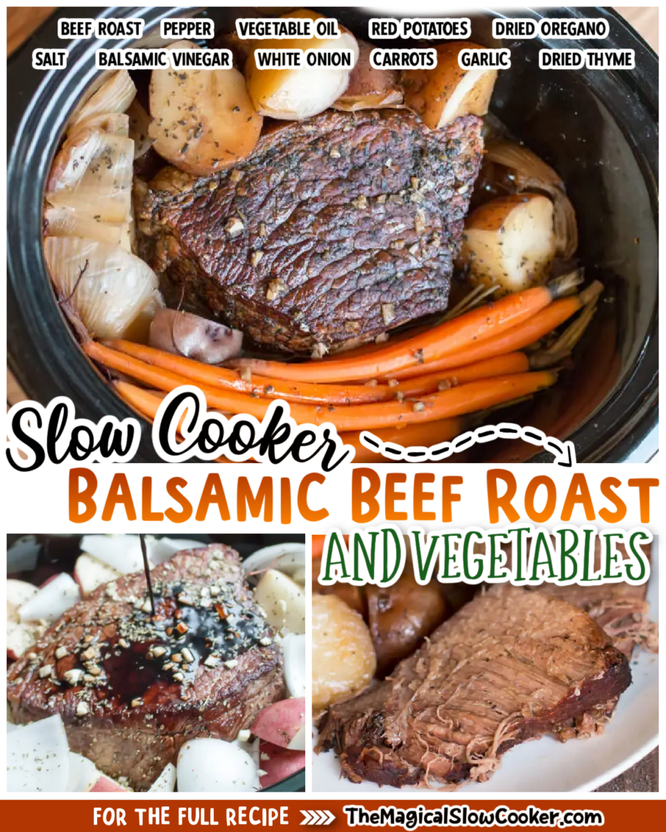 Balsamic beef roast images with text overlay for facebook and pinterest.