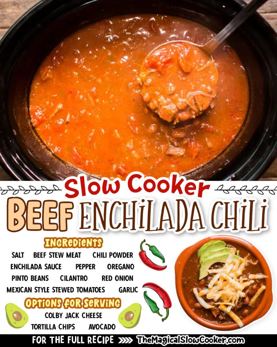 Beef enchilada chili images with text overlay for facebook and pinterest.