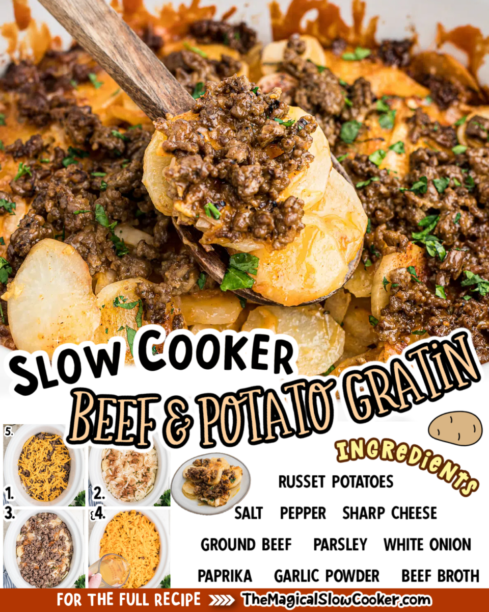 Beef and potato gratin images with text overlay for facebook and pinterest.