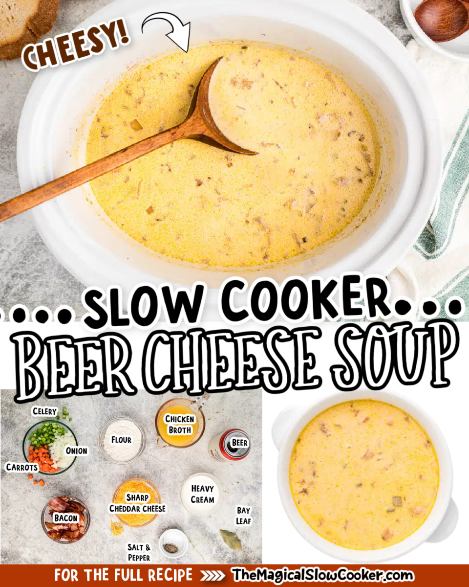 beer cheese soup images with text overlay for facebook and pinterest.