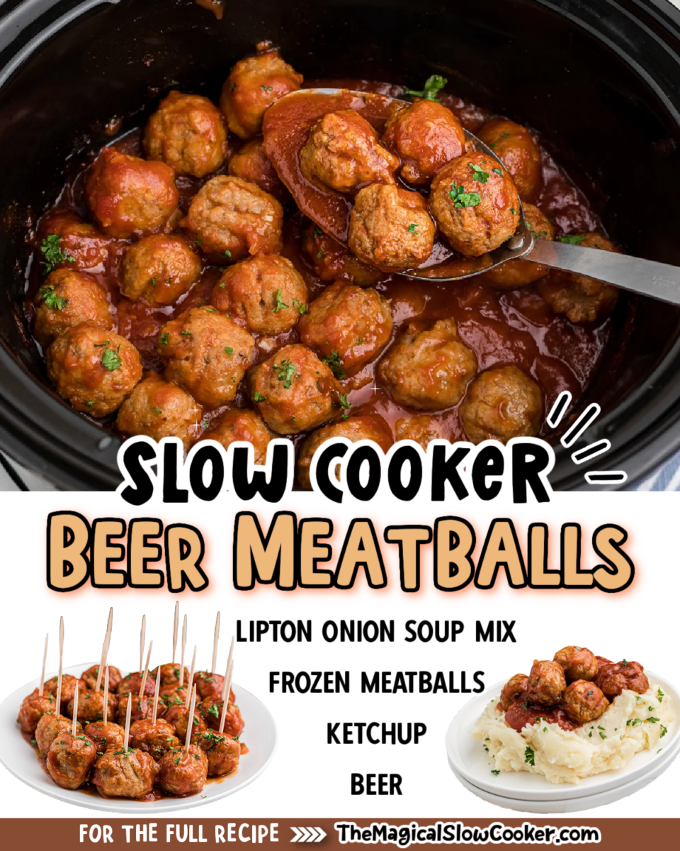 Beer meatballs images with text overlay for facebook and pinterest.