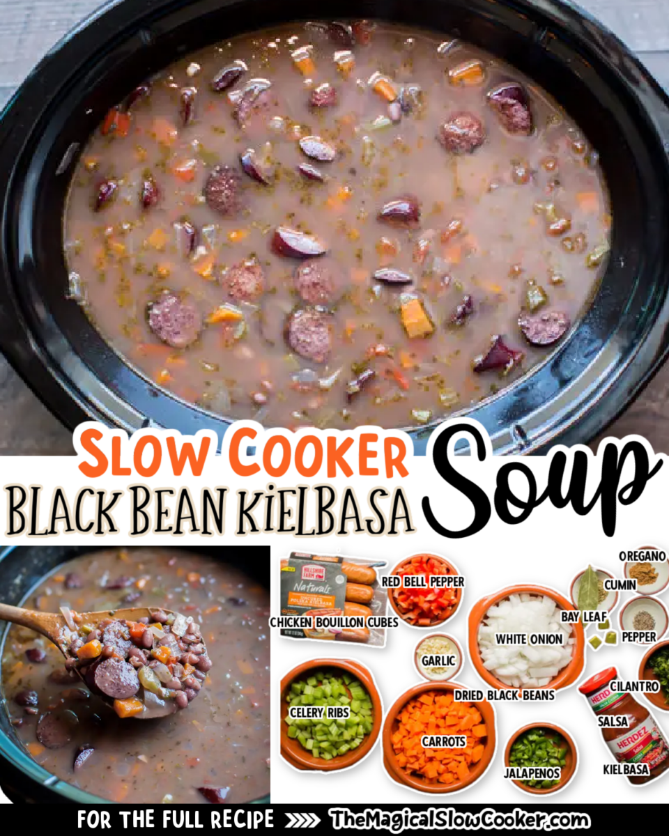 Black bean and kielbasa images with text overlay for facebook and pinterest.