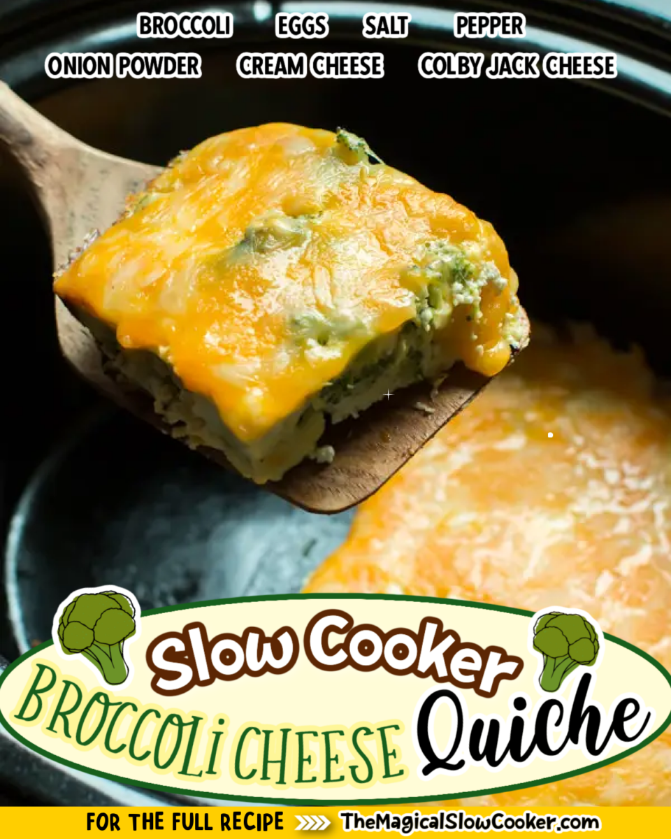 Broccoli cheese quiche images with text overlay for facebook and pinterest.