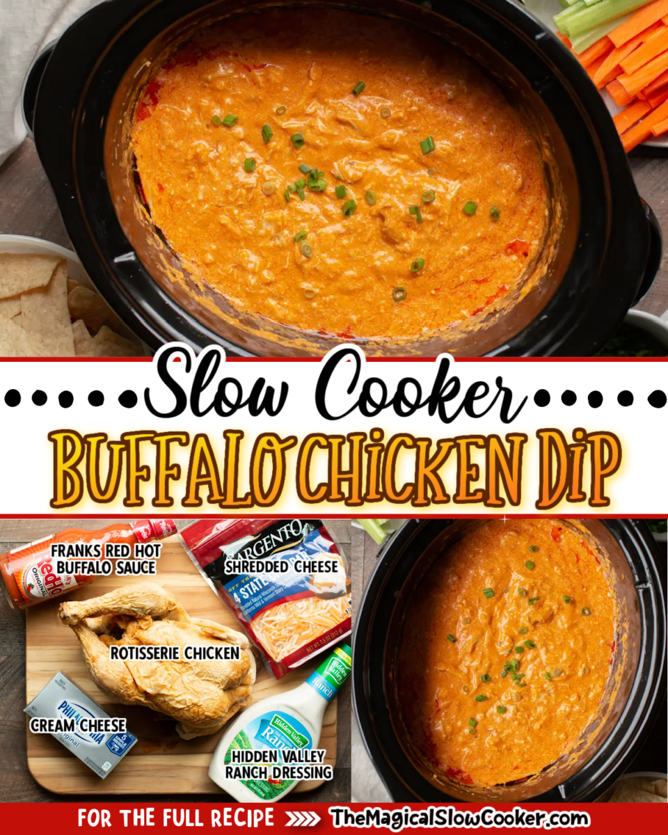 Buffalo chicken dip images with text overlay for facebook and pinterest.
