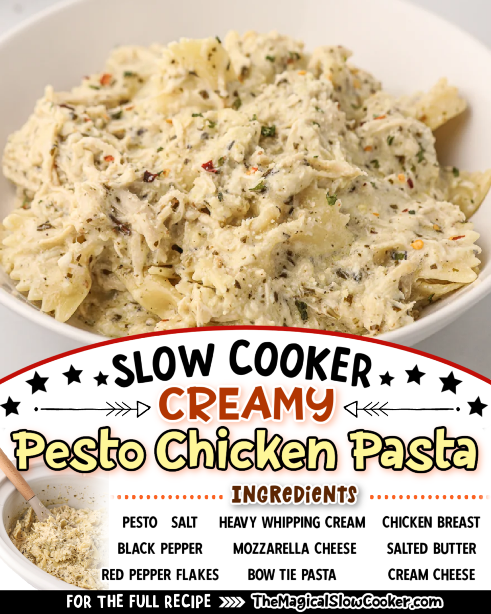 Pesto chicken pasta images with text overlay for facebook and pinterest.