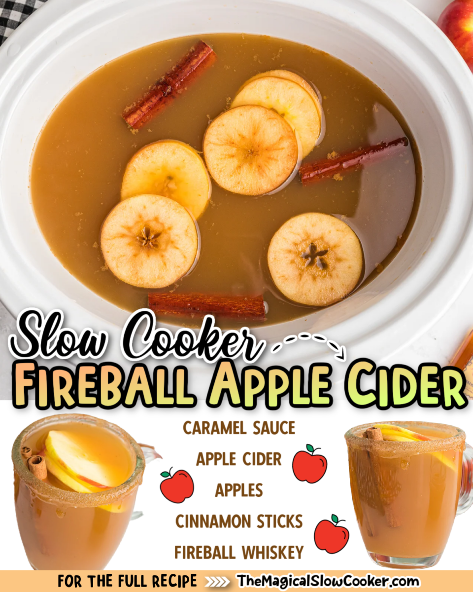 Fireball caramel apple cider images with text overlay for facebook and pinterest.