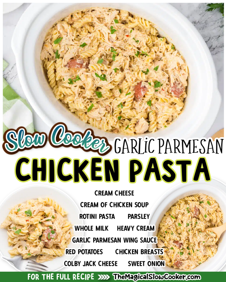Garlic parmesan pasta images with text overlay for facebook and pinterest.