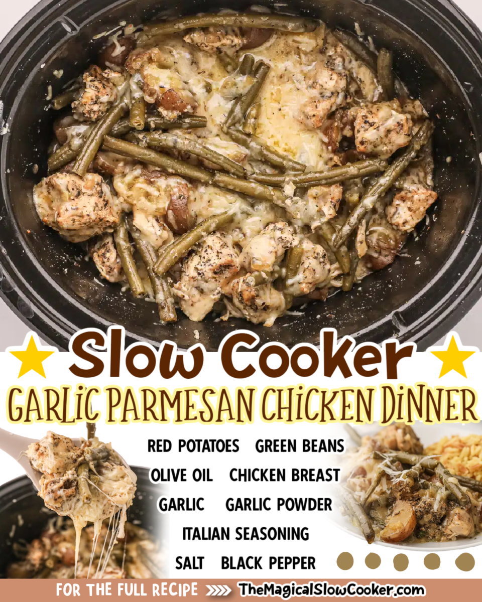 Garlic parmeasan chicken dinner images with text overlay for facebook and pinterest.