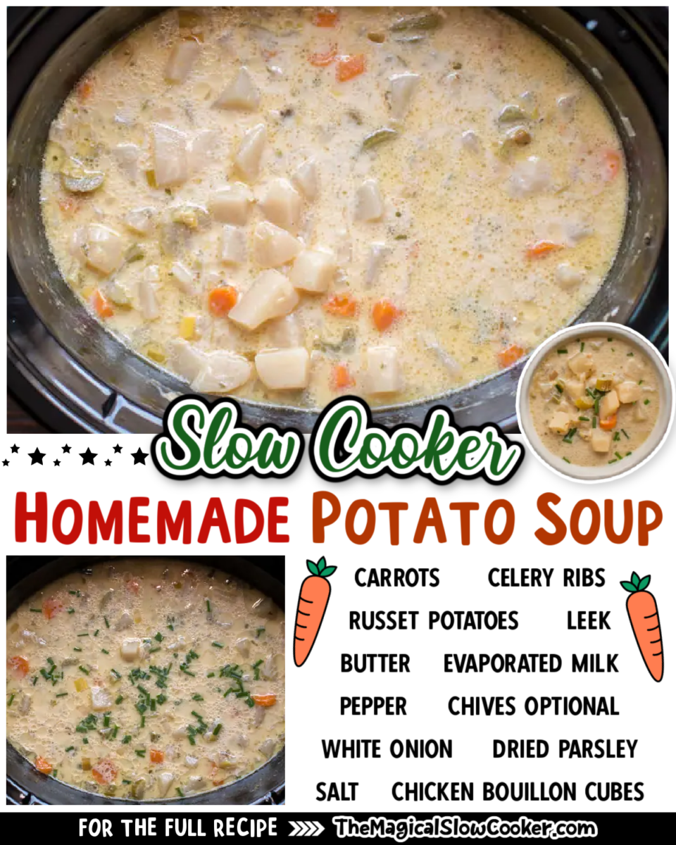 homemade potato soup images with text overlay for facebook and pinterest.