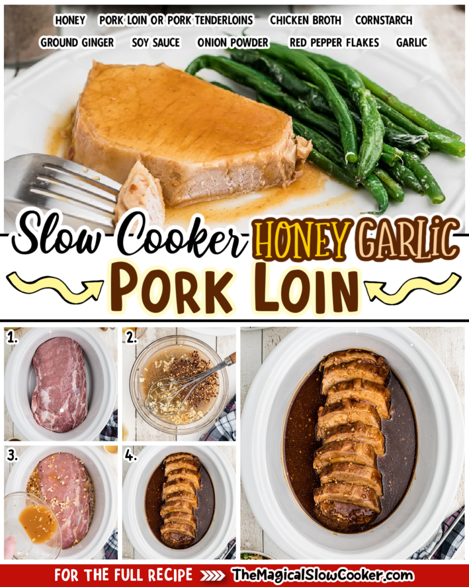 Honey garlic pork loin images with text overlay for facebook and pinterest.