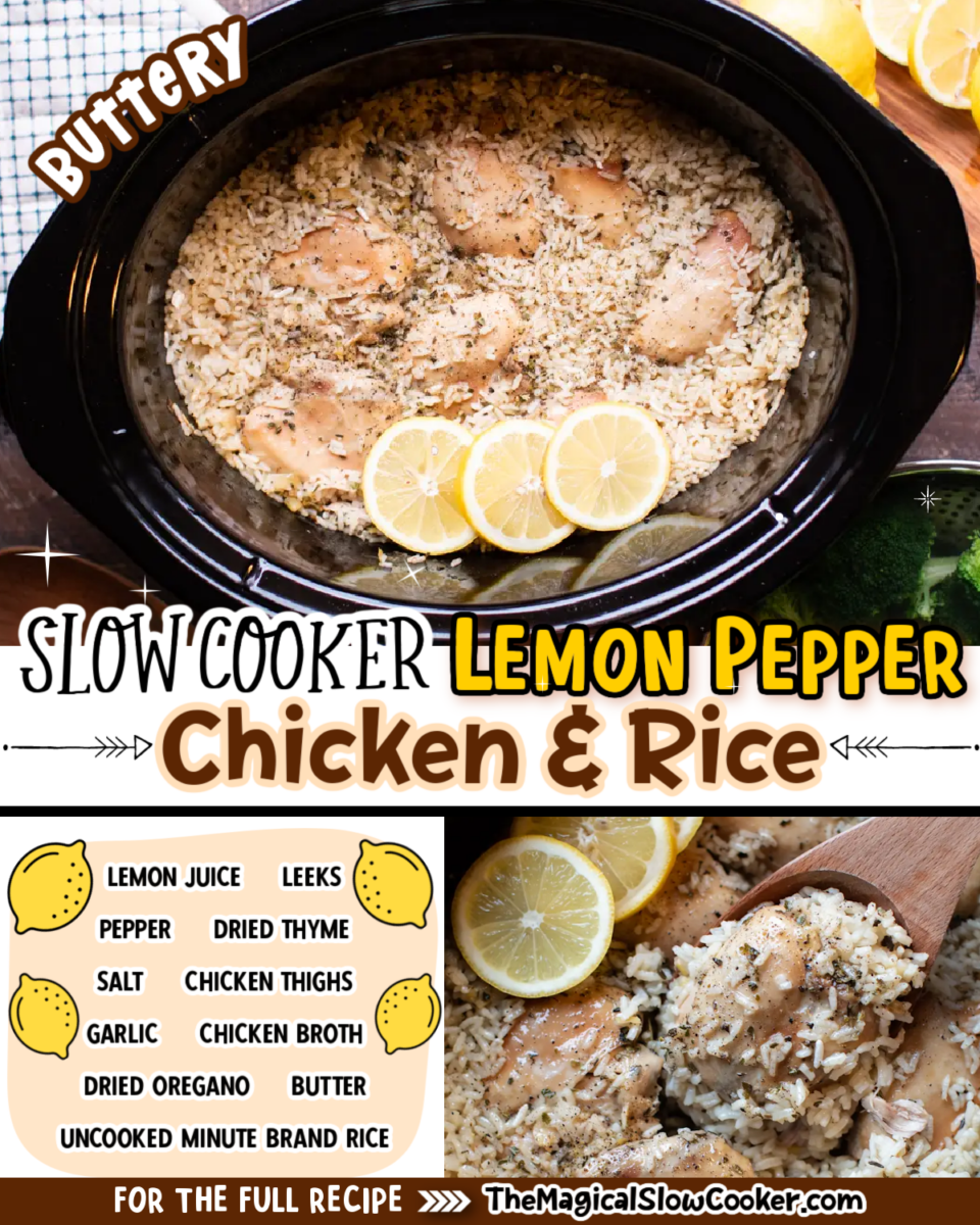 Lemon pepper chicken and rice images with text overlay for facebook and pinterest.