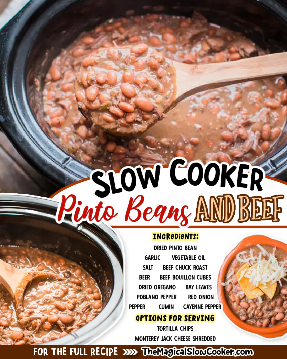 Pinto bean and beef images with text overlay for facebook and pinterest.