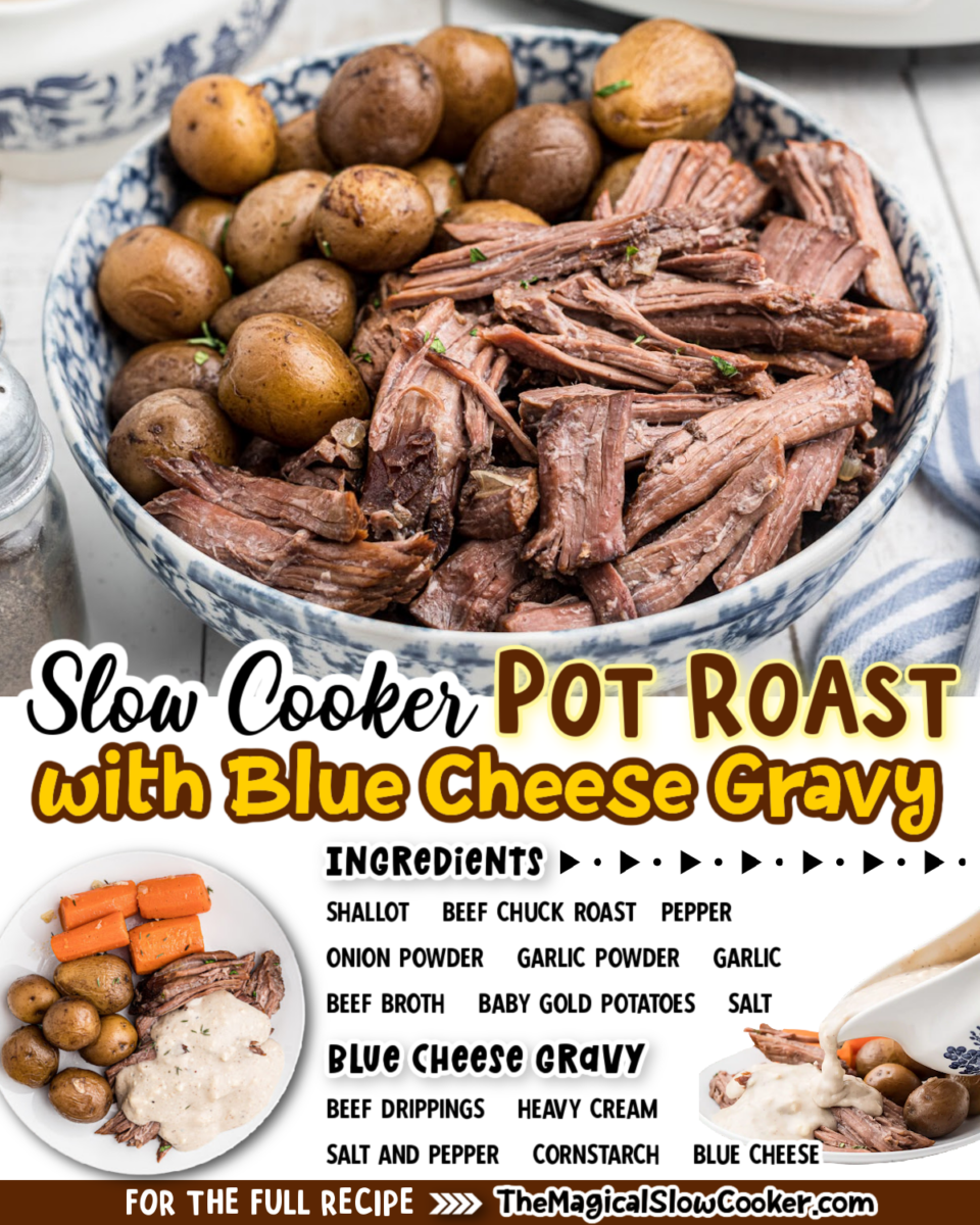 Pot roast with blue cheese gravy images with text overlay for facebook and pinterest.