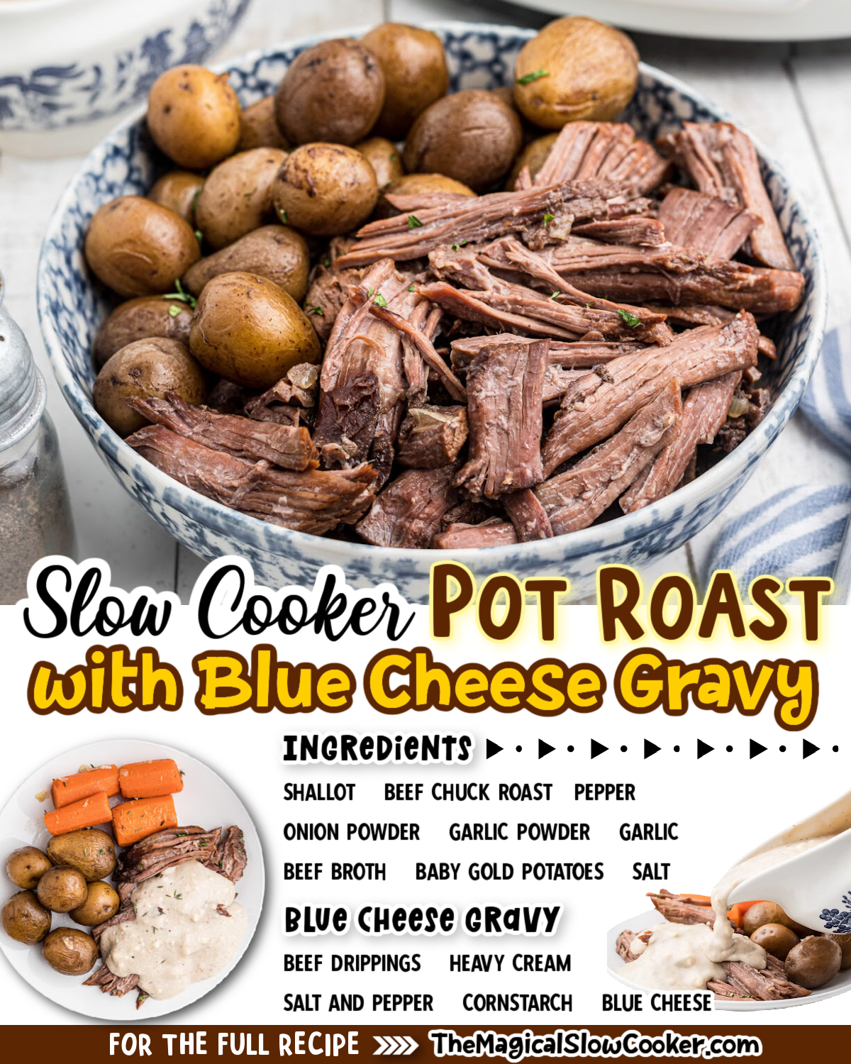 Pot roast with blue cheese gravy images with text overlay for facebook and pinterest.