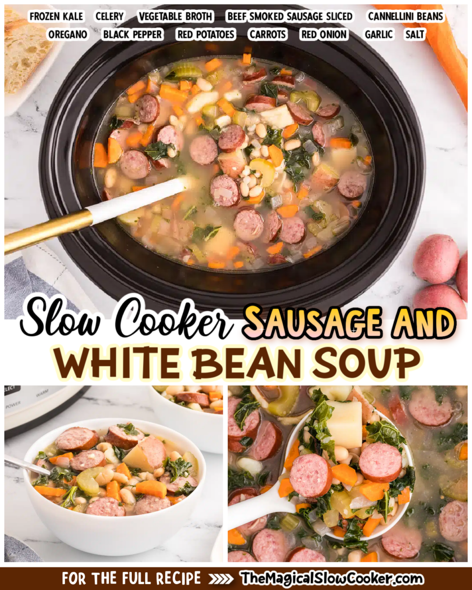 Sausage and white bean soup images with text overlay for facebook and pinterest.