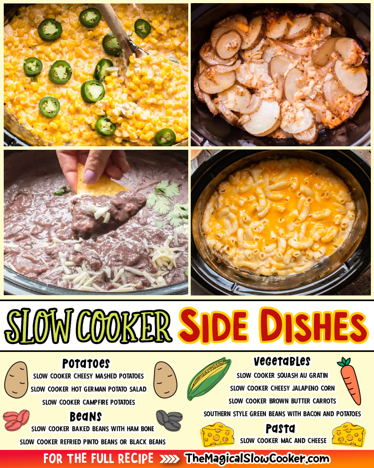 Slow Cooker side dish images with text overlay for facebook and pinterest.