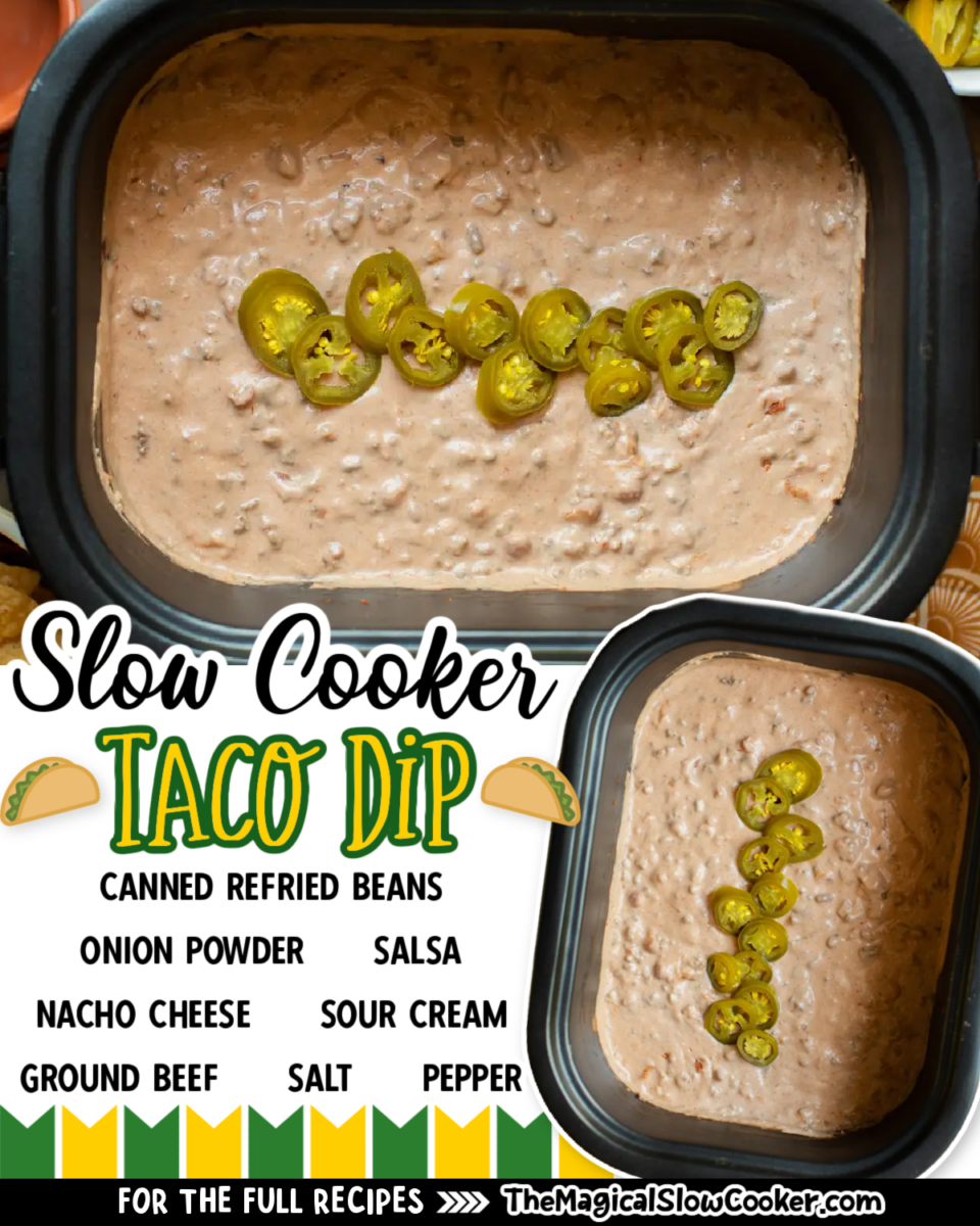 Taco dip images with text overlay for facebook and pinterest.