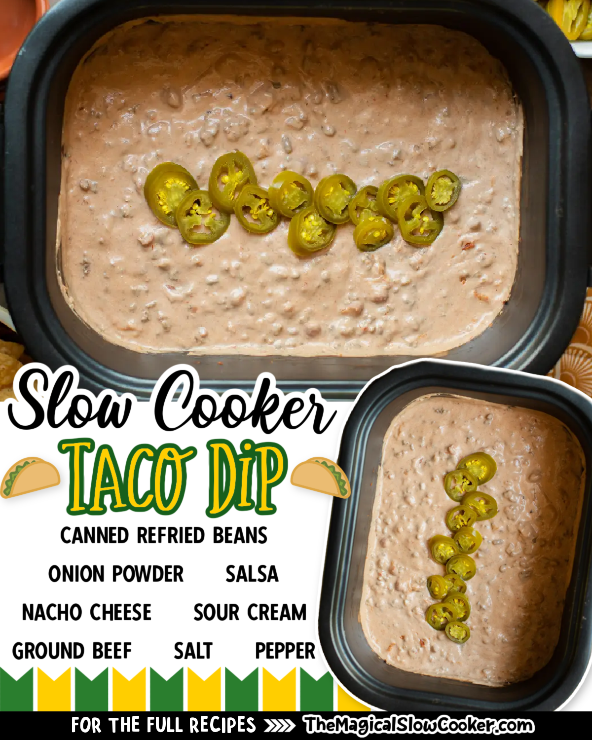 Taco dip images with text overlay for facebook and pinterest.