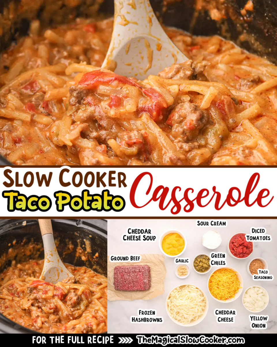 Taco potato casserole images with text overlay for facebook and pinterest.