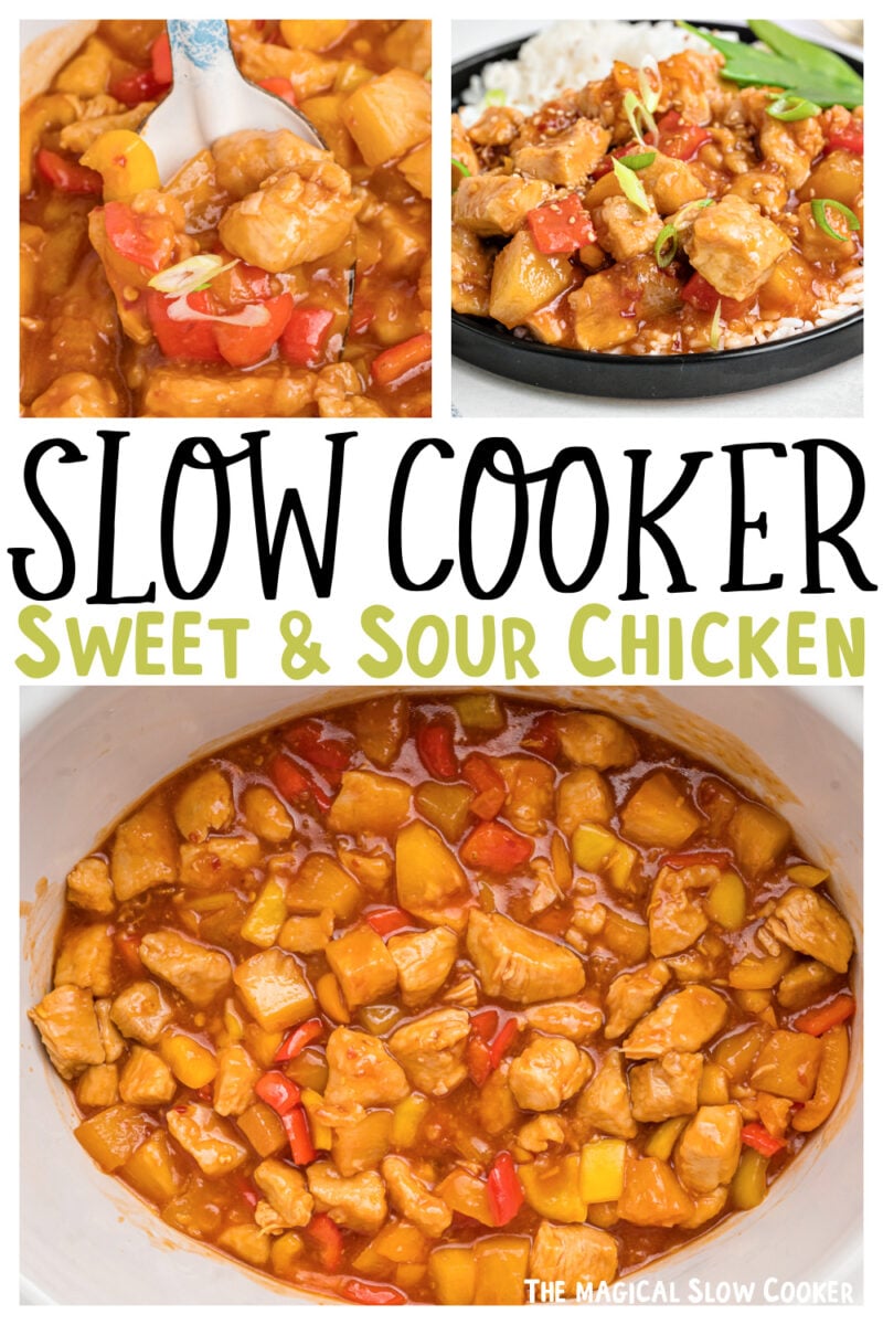 collage of sweet and sour chicken images with text overlay for pinterest.
