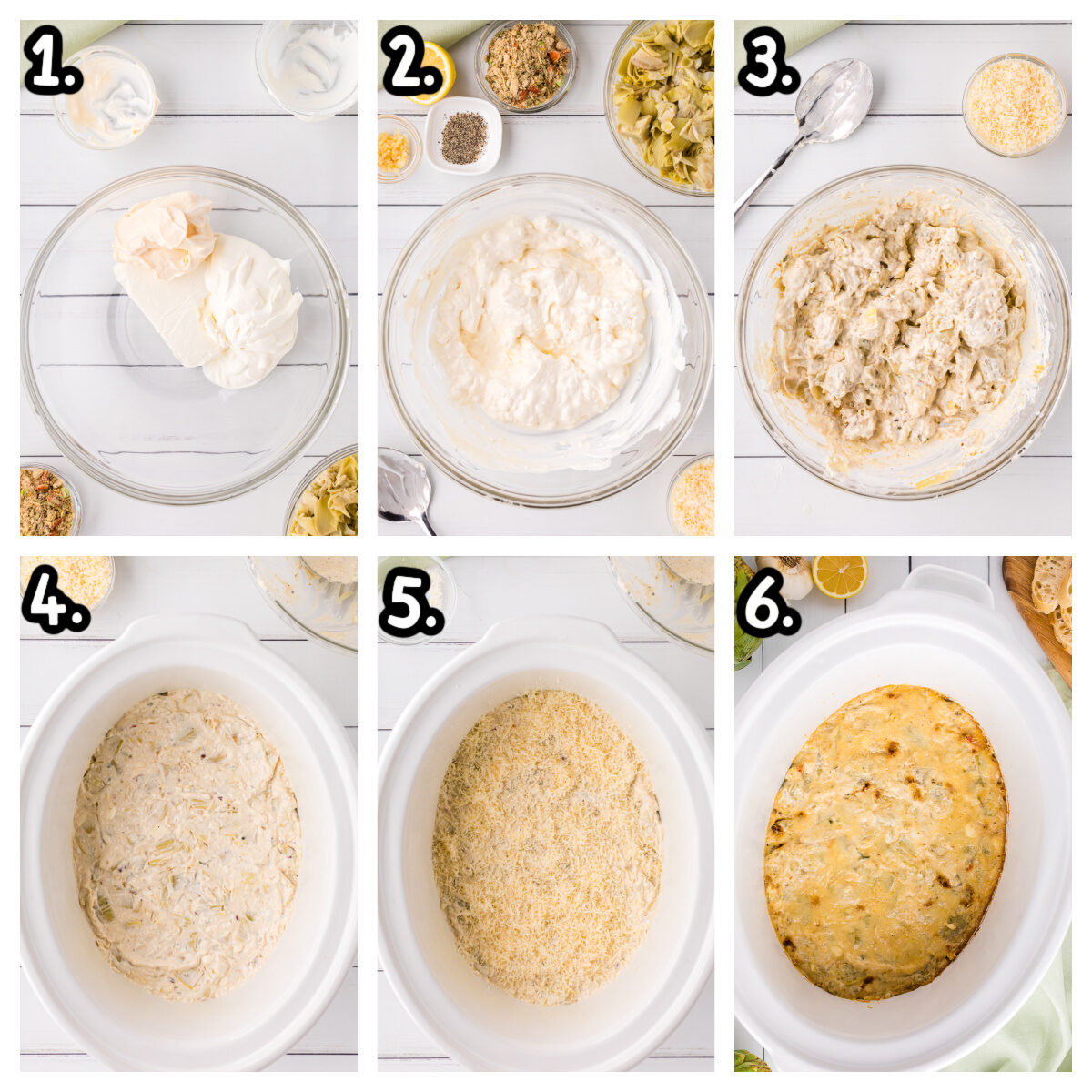 6 images of how to make artichoke dip in the slow cooker.