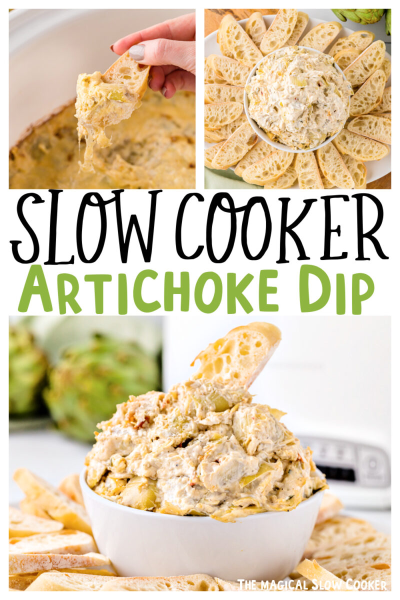 collage of artichoke dip images with text of what the ingredients are.