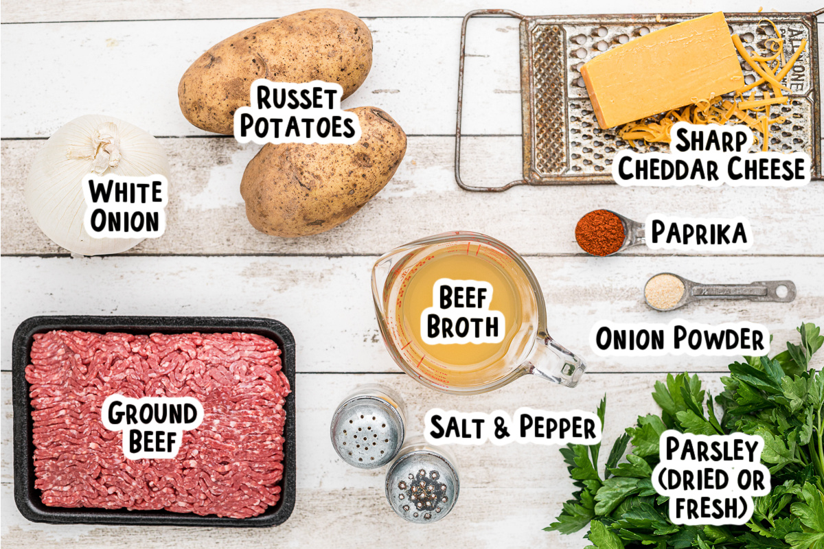 ingredients for potato gratin on table.