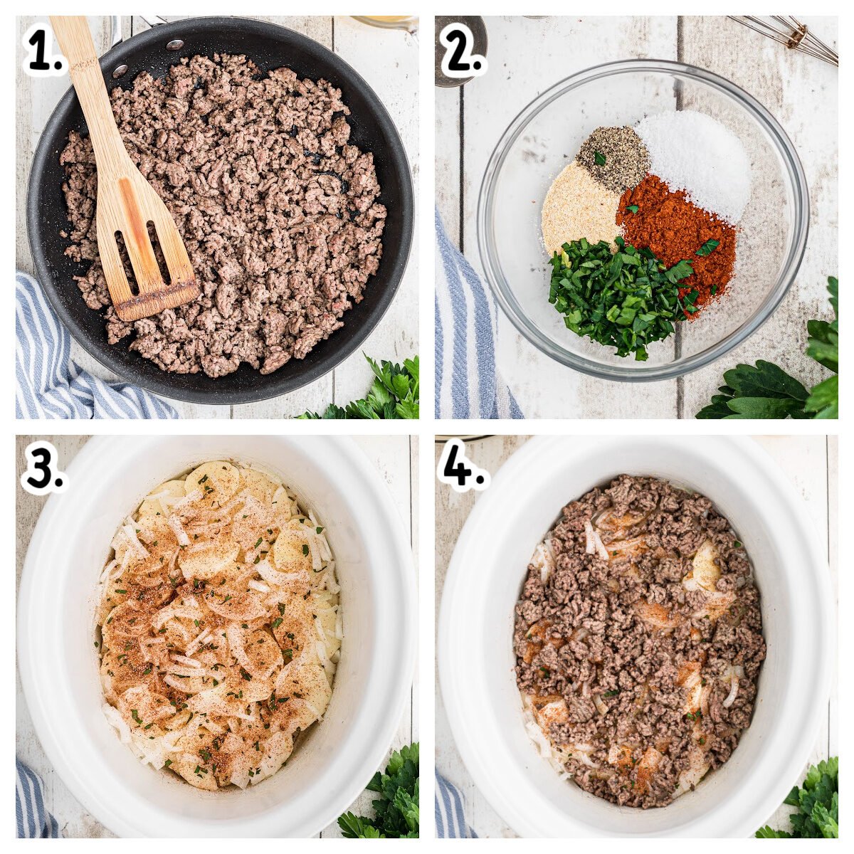 Images showing how to make beef and potato gratin.