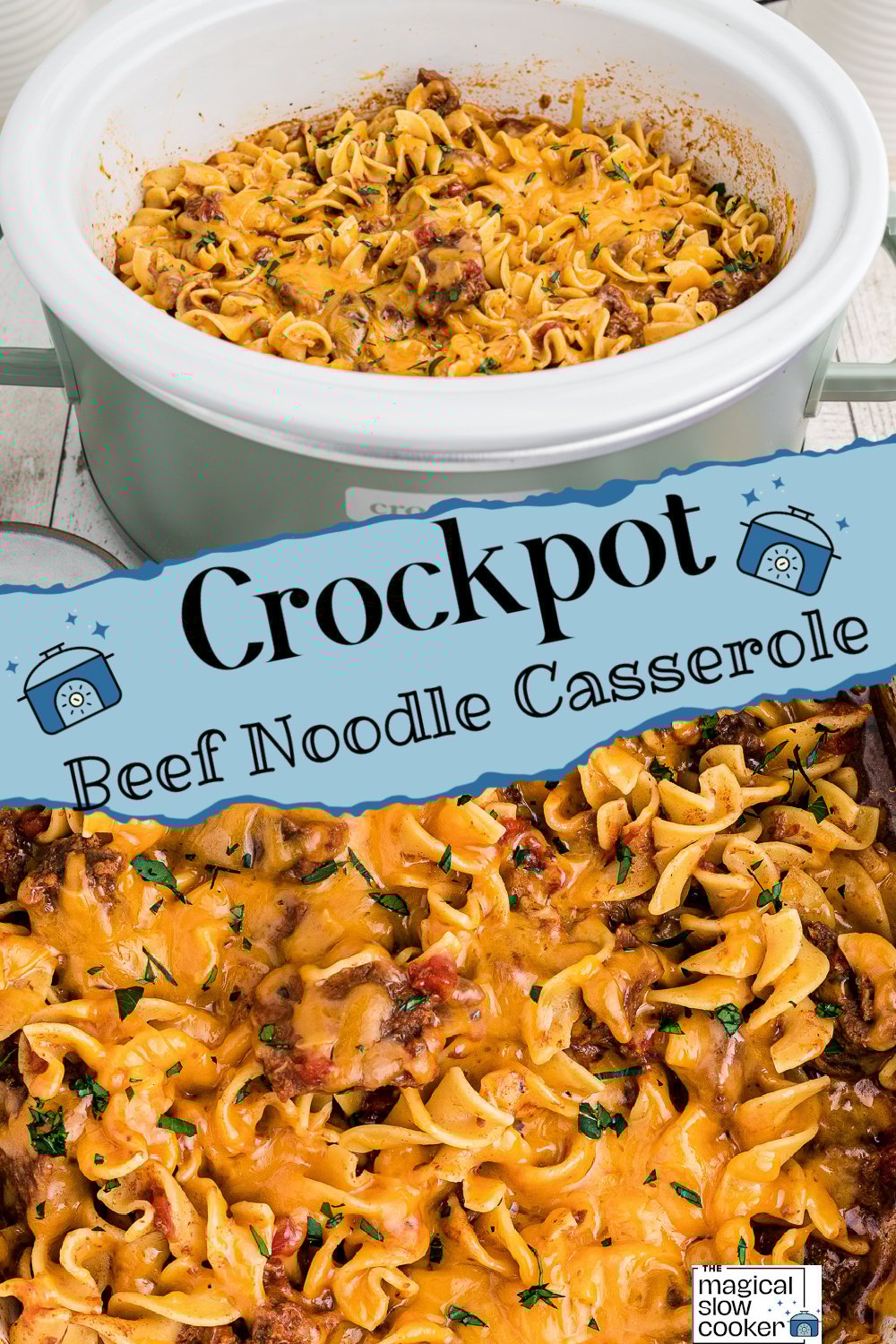 2 images of beef noodle casserole