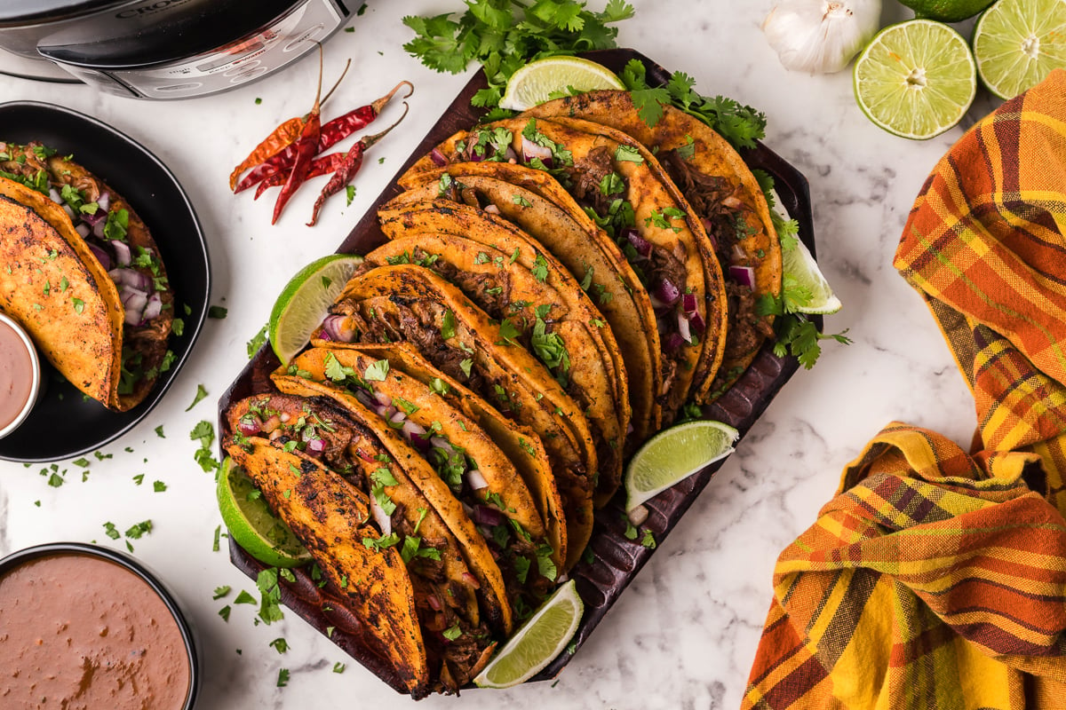 tray of ready birria tacos.