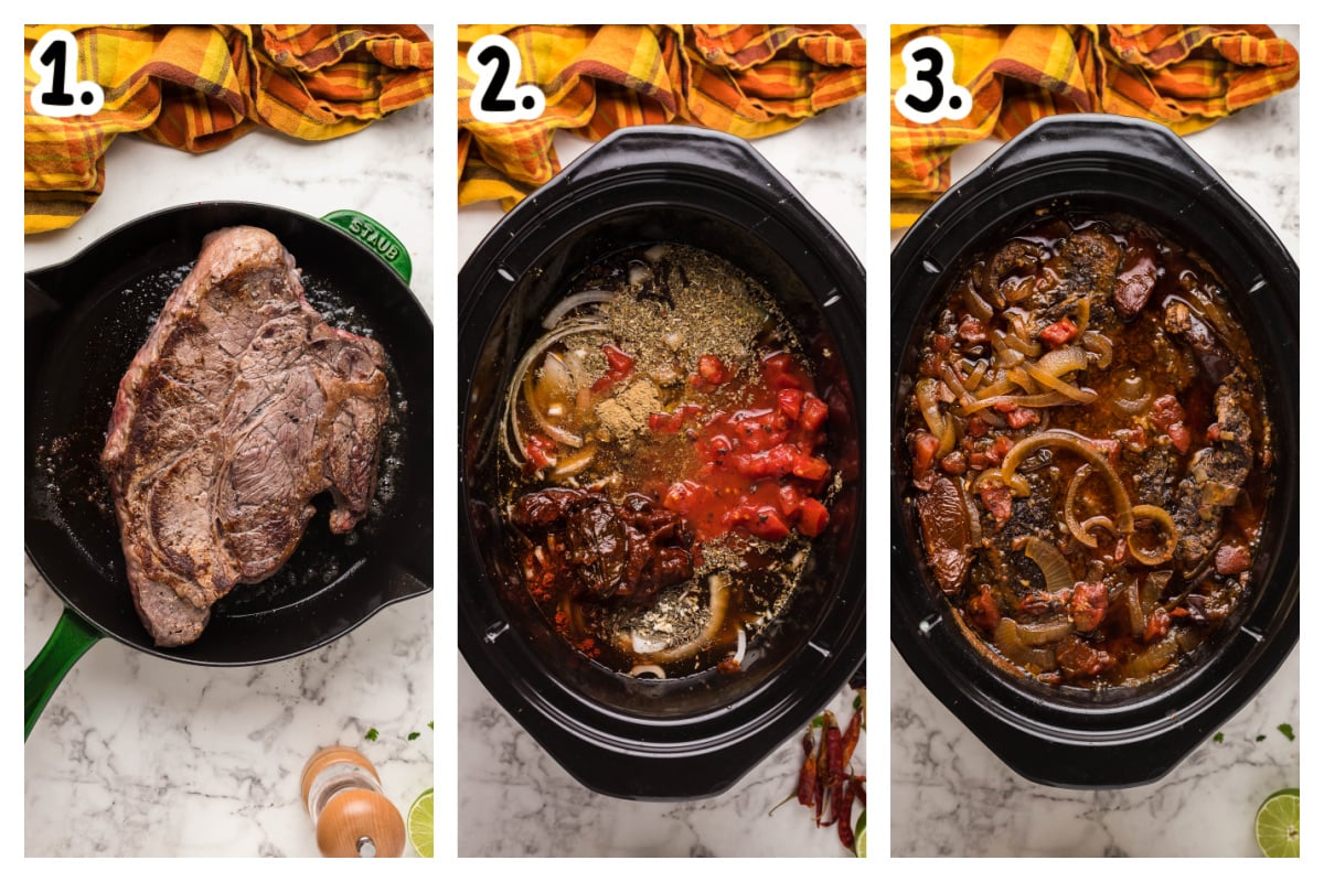 3 images showing how to make birria taco meat in a slow cooker.