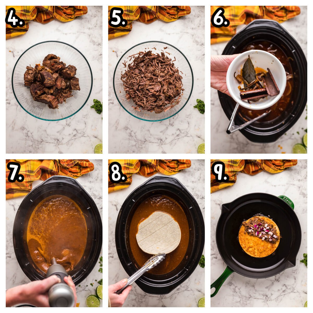 6 images, showing how to shred meat, blend sauce and prepare birria tacos.