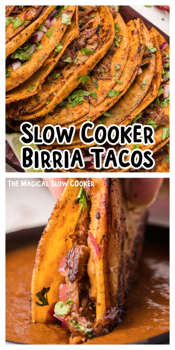 2 images of birria tacos with text for pinterest.