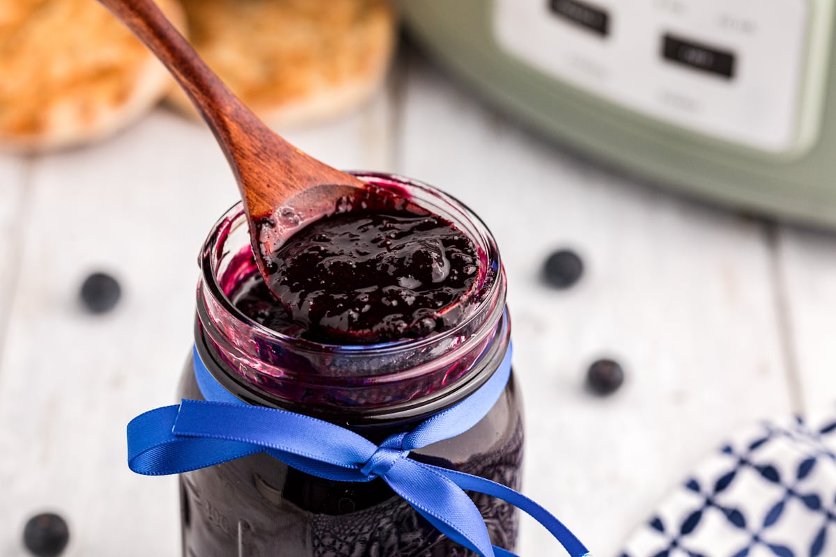 Blueberry butter in a jar.