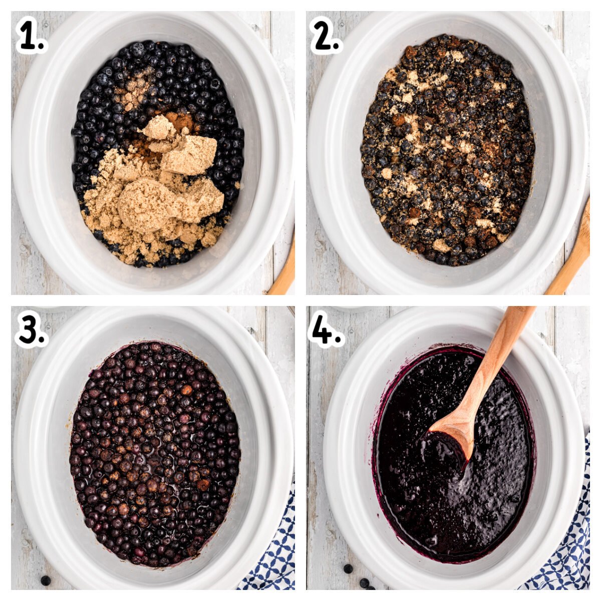 Four images showing how to make blueberry butter in a crockpot.