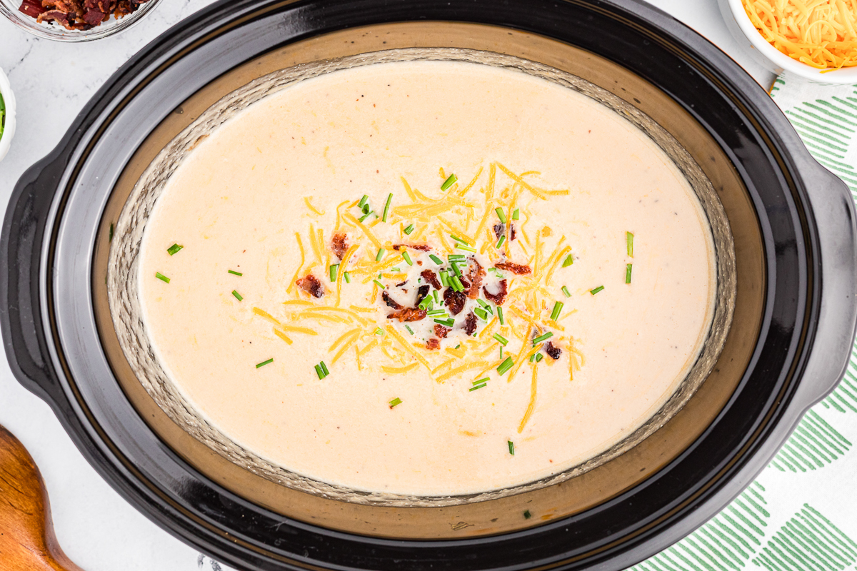 overhead shot of creamy cauliflower soup.