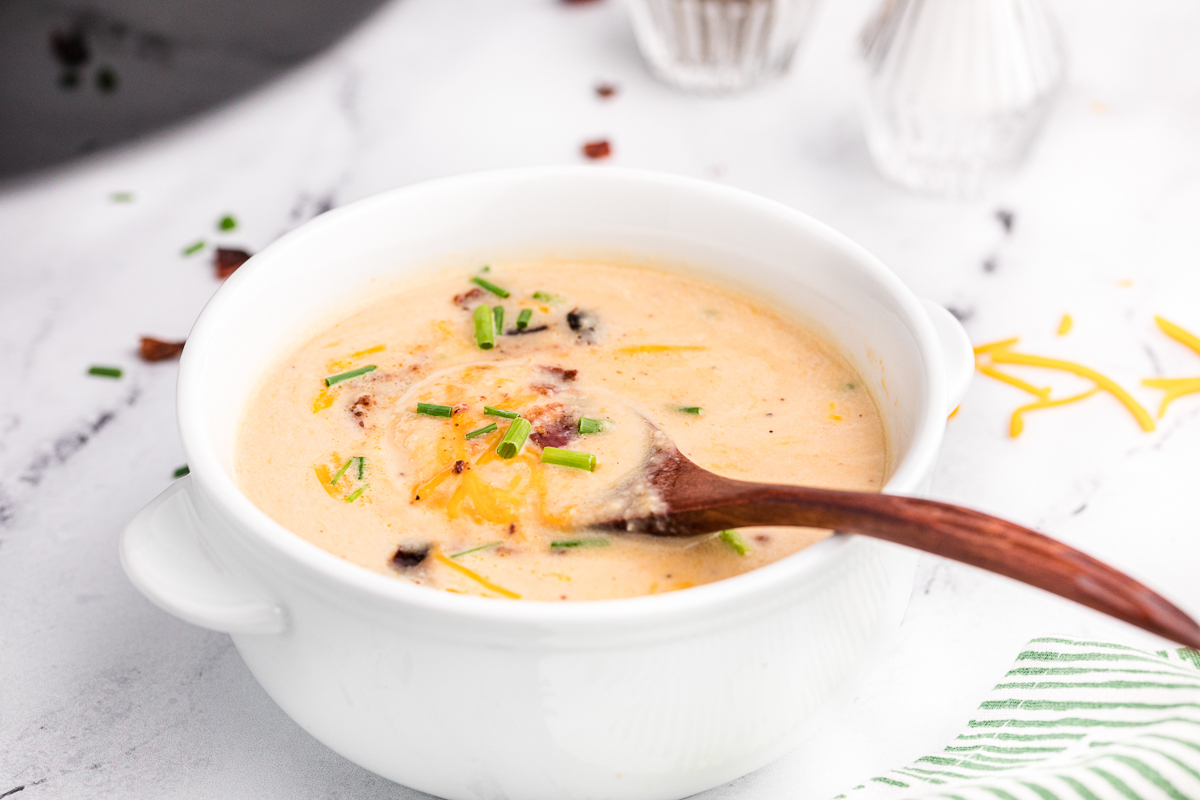 Bowl of cauliflower cheese soup.